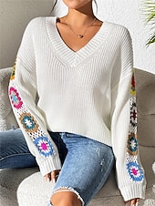economico Motivi grafici e dettagli-Per donna Felpa Informale Morbido Floreale Uncinetto A V Lavorato a maglia Manica lunga Top regolari Maglia Esterno Giornaliero Fine settimana Nero Bianco Autunno Inverno