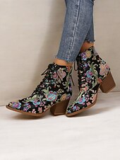 economico Stivali alla caviglia-stivaletti allacciati con ricami floreali da donna - in raso rosa acceso con tacco spesso per outfit casual, da festa o boho-chic