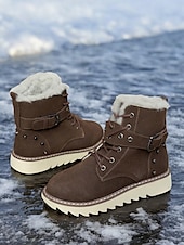 abordables Botas de nieve e invierno-Botas de nieve de invierno para mujer de color marrón con forro de piel sintética: botas cálidas y aislantes para exteriores con detalle de hebilla y suela antideslizante para clima frío