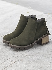 preiswerte Stiefeletten-braune Wildlederstiefeletten für Damen mit gewelltem Rand und Blockabsatz – lässiger Vintage-Stil für jeden Tag