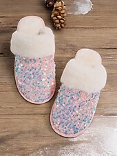 preiswerte Damenslipper &amp; Flip-Flops-Schwarze, mit Pailletten und Fell gefütterte Damen-Hausschuhe mit mehrfarbigem Glitzer und bequemer Sohle – ideal für Luxus und Wärme in Innenräumen