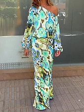 abordables Ensembles chemisiers pour femmes-Femme Robe Ensemble Robe casual Jupe Ensemble Décontractées Bloc de couleur A côtes Robe Maxi manche longue Une Epaule Extérieur du quotidien Rouge Bleu Ciel Vert Printemps Automne Standard