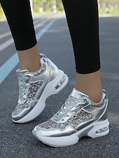 tanie Trampki damskie-Damskie trampki na platformie z brokatem i podeszwą Air Cushion – błyszczące czarne sznurowane buty sportowe na co dzień i na imprezę
