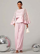 billige Kjoler til nyttårsaften-kvinners todelte cape topp utskjæringer høy midje brede ben bukser lys rosa elegant fest formell vår sommer antrekk s m l xl xxl