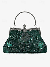 cheap Clutches &amp; Evening Bags-Women&#039;s Vintage Green Velvet Handbag with Beaded Floral Embroidery and Metal Frame – Elegant Evening Bag
