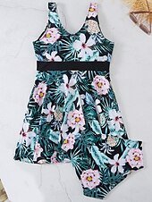 billiga Badessor-Dam Badkläder Tankini 2 st Kaxig Baddräkt Öppen rygg Magkontroll Hög midja Smal Semester Standkläder Blommig Halterneck Ärmlös Baddräkter
