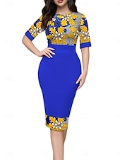 billiga Bodycon-festklänningar-Dam Arbetsklänning Skiftklänning Elegant Kontor Dagligen Midiklänning Mönster Rund hals Halvlång ärm Blommig Smal Gul Blå Vår Höst S M L XL 2XL