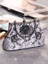 cheap Clutches &amp; Evening Bags-Women&#039;s Vintage Green Velvet Handbag with Beaded Floral Embroidery and Metal Frame – Elegant Evening Bag