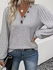 preiswerte Texturierte Oberteile-Damen Hemd Bluse Feste Farbe Basic Brautkleider schlicht Langarm V Ausschnitt Normale Oberteile Täglich Knopf Grau Herbst Winter