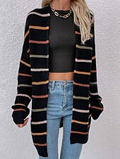 abordables Cardigans et vêtements d&#039;extérieur-Femme Gilet Cardigan Elégant Mode du quotidien Rayé Ouvrir le devant Tricoté manche longue Hauts longs Tricoter Sortie Fin de semaine Noir Blanche Automne Hiver