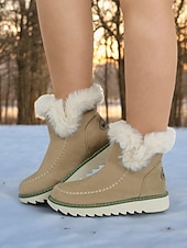 baratos Botas de neve e inverno-Botas femininas de inverno com forro de pele sintética bege – calor aconchegante com sola antiderrapante para estilo em climas frios