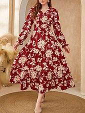 preiswerte Elegante Blumenkleider-Damen Maxidress Casual kleid Schaukelkleid A Linie Kleid Brautkleider schlicht Täglich Regular Fit Blumen Langarm V Ausschnitt Weiß Rote Sommer Frühling Herbst