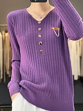 cheap Solid Colors-Women&#039;s Pullover Sweater Jumper Stylish Casual Soft Solid Color Ribbed V Neck Buttons Long Sleeve Regular Tops Knit Outdoor Daily Going out Black White Fall Winter