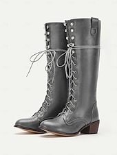 tanie Rijlaarzen-damskie, brązowe, skórzane, sznurowane, sięgające do kolan buty vintage, rustykalne, kowbojskie buty jeździeckie na przygody na świeżym powietrzu