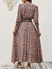 abordables Robes Bohémiennes-Femme Robe Maxi Robe casual Robe Évasée Robe Trapèze robe boheme Décontractées du quotidien Standard Floral Cachemire Demi Manches Col V Bleu Marron Eté Printemps Automne
