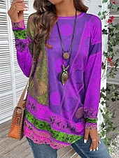 tanie T-shirt boho-damska koszulka vintage etniczna casual print długi rękaw długie topy okrągły dekolt codzienny czerwony fioletowy zielony jesień zima