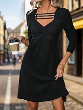 preiswerte schwarzes Minikleid-Damen schwarzes kleid Minikleid Ausgehöhlt Brautkleider schlicht V Ausschnitt Langarm Schwarz Farbe