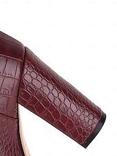 preiswerte Modische Stiefel-burgunderfarbene kniehohe Stiefel mit Krokoprägung für Damen – stylische Stiefel mit spitzer Spitze und Blockabsatz für die Herbst- und Wintermode