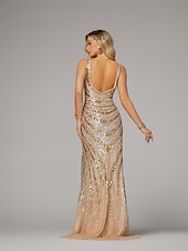 abordables Champagne-robe de soirée sirène robe élégante soirée fête fiançailles traine sans manches longueur au sol col en V automne mariage invité paillettes dos nu avec perles paillettes 2025