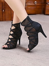 cheap Latin Shoes-Women&#039;s Black Mesh Strappy Latin Dance Shoes with Soft Suede Sole, Back Zipper and Open-Toe Design - Elegant High Heels for Salsa, Tango, and Ballroom