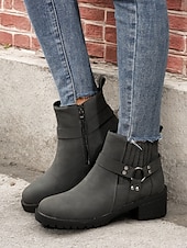 cheap Ankle Boots-Women&#039;s Grey Ankle Boots – Stylish Block Heel with Strap Details, Side Zip, and Rugged Sole for Casual and Outdoor Wear