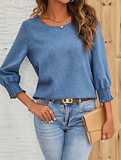 preiswerte Damen Einfache Oberteile-Damen Hemd Bluse Feste Farbe Basic Brautkleider schlicht Langarm Rundhalsausschnitt Normale Oberteile Täglich Patchwork Knopf Wein Blau Grün Herbst Winter