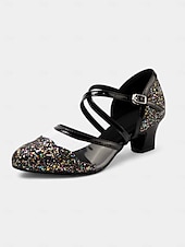 abordables Chaussures de danses latines-chaussures de danse à paillettes noires pour femmes avec brides croisées, semelle en daim souple et talons bas – parfaites pour les événements de salon, latins et de fête