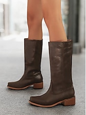 levne Cowboy &amp; Western Boots-dámské hnědé westernové kovbojské boty z umělé kůže - výška do půl lýtek s naskládaným podpatkem pro ležérní outfity a outfity ve venkovském stylu