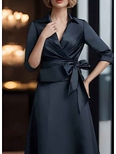 preiswerte Mamas Kleidersets-Zwei-teiliges A-Linie Kleid Anzug Brautmutter Kleid Smoking Kleid Elegantes Einfaches V-Ausschnitt Knöchellänge Satin 3/4-Längenärmel mit Schärpe  Band Falten Einfarbige Derby Kleid Renn-Tag Kleid