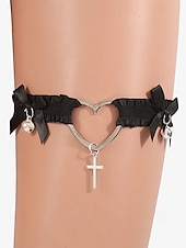 voordelige Damesarmband-Zwarte strik dijbeenketting harnas voor dames – sexy elastische kousenband met zilveren kettingaccenten, ideaal voor lingerie en festivaloutfits