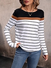 billiga Randig och geometrisk t-shirt-Dam T-shirt Färgblock Randig Mode Modern Ledigt Långärmad Rund hals Vanliga toppar Dagligen Helgen Mönster Svart Vit Höst Vinter
