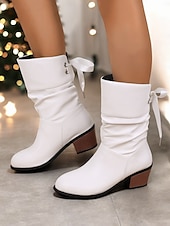olcso Slouch Boots-piros műbőr lábszárközépig érő női csizma masnival és blokksarkúval – ünnepi téli lábbeli karácsonyra és bulikra