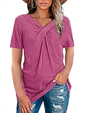 Women's T Shirt Solid Color Elegant Short Sleeve V Neck Regular Tops Daily Patchwork Black Red Beige Summer4