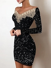 preiswerte Bodycon für den Klub-Damen schwarzes kleid Minikleid Spitze Patchwork Brautkleider schlicht Schulterfrei Langarm Schwarz Aprikose Farbe