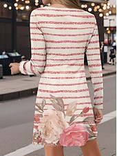 abordables Robes Rayés et Géométriques-Femme Mini robe Robe casual Mini-robe Robe t-shirt Robe d&#039;été Décontractées Vacances Plein Air Casual Standard Floral marinière Col Ras du Cou Rose Claire Automne Hiver
