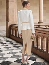 preiswerte Cocktailkleider-Zweiteiliges Sheath  Säulen Cocktailkleider Tuxedo Kleid Elegantes Kleid Formal Knie-Länge Langarm Reverskragen Stretch Krepp mit Schlitz Kleidern