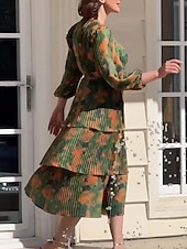 abordables Robes fleuries élégantes-robe midi à fleurs pour femmes, col en V, manches longues, été, printemps