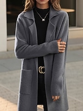 cheap Cardigans &amp; Outerwears-Women&#039;s Sweater Cardigan Sweater Jacket Shirt Collar Knit Pocket Knitted Spring Fall Home Daily Weekend Elegant Daily Casual Long Sleeve Pure Color Black Camel