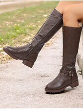 baratos Botas da moda-botas femininas marrons de cano alto com zíper lateral e fivela, salto baixo e design durável – perfeitas para uso casual e ao ar livre