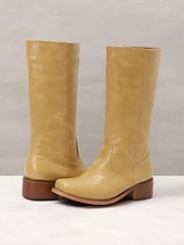 levne Cowboy &amp; Western Boots-dámské hnědé westernové kovbojské boty z umělé kůže - výška do půl lýtek s naskládaným podpatkem pro ležérní outfity a outfity ve venkovském stylu
