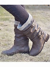 tanie Buty typu slouch-damskie buty ze skóry ekologicznej do połowy łydki z dzianinowym mankietem i podwójnymi paskami ze sprzączką – wygodne i stylowe obuwie zimowe