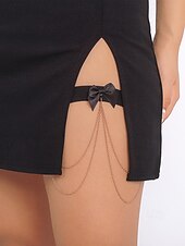 voordelige Damesarmband-Zwarte strik dijbeenketting harnas voor dames – sexy elastische kousenband met zilveren kettingaccenten, ideaal voor lingerie en festivaloutfits