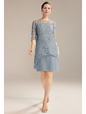 preiswerte Teelänge-A-Linien-Kleid für die Mutter der Braut, elegant, zierlich, U-Ausschnitt, knielang, Chiffon, halbe Ärmel, mit Falten, einfarbig, 2025