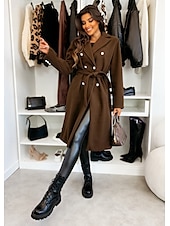 cheap Coats &amp; Trench Coats-Women&#039;s Coat Warm Comfortable Buttons With Belt Elegant Solid Color Casual Daily Double Breasted Lapel Regular Fit Long Sleeve Outerwear Black Red Apricot Winter