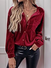 voordelige Elegante topjes-Dames Overhemd Blouse Effen Kleur Basic Casual Lange mouw V-hals Normale tops Dagelijks Lapwerk Knop Zak Wijn Bruin Groen Herfst Winter