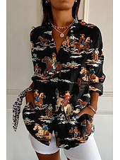 preiswerte Hemden-Damen Hemd Leinen-inspirierte Hemden Knopfleiste Grafik Tiermotiv Vintage Western Ethnisch Langarm Hemdkragen Normale Oberteile Urlaub Party Arbeit Knöpfe Druck Schwarz Gelb Marineblau Khaki Beige