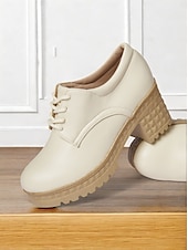 cheap Women&#039;s Oxfords-Women&#039;s Ivory Lace-Up Platform Oxford Shoes – Chunky Heels with Textured Soles for Casual and Office Wear