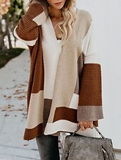billige Cardigans og yttertøy-Dame Genser Kofte Fritid Myk Stripet Riflet Åpen Forside Strikket Langermet Lange topper Strikke utendørs Daglig Helg Vin Brun Høst Vinter