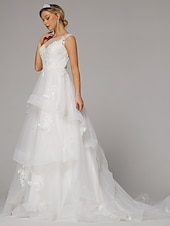 economico Abiti sposa di lusso-abiti da sposa matrimonio sulla spiaggia a-line illusion neck senza maniche lunghezza pavimento corte strascico pizzo abiti da sposa con applicazioni ricamate 2025