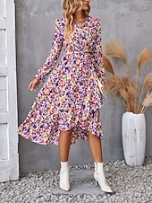 ieftine Rochii florale elegante-rochie midi dama cu decolteu in V cu maneca lunga vara primavara